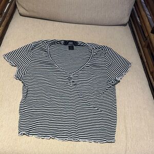 Essentials Black and White Striped V-Neck Short Sleeve Top